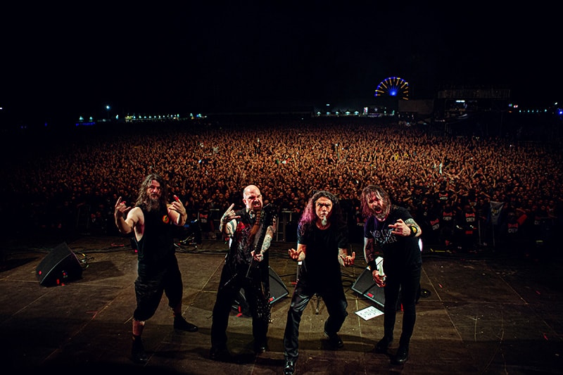 Slayer, final world tour, 2019: Paul Bostaph, Kerry King, Tom Araya, Gary Holt. Courtesy of Tom Tronckoe.
